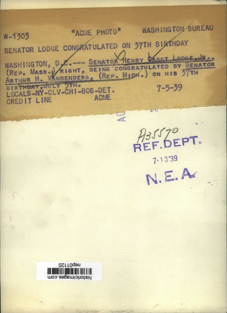 1939 Press Photo MA Senator Henry C Lodge Jr & Mi Senator Art Vandenberg