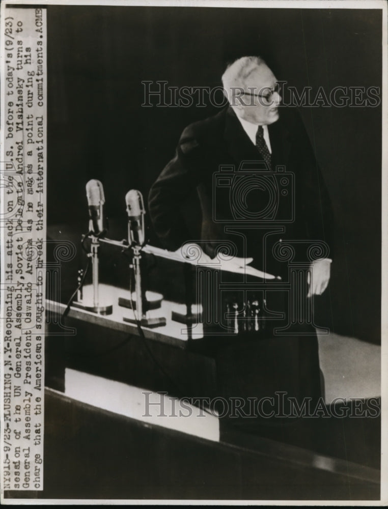 1947 Press Photo Soviet Andrei Vishinsky at the UN General Assembly - nep01171