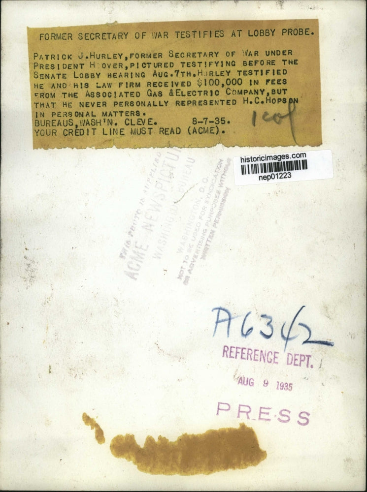 1935 Press Photo Patrick Hurley former Secretary of War at Senate hearing