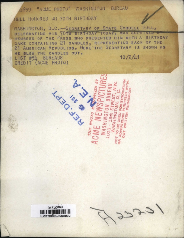 1941 Press Photo Secretary of State Cordell Hull celebrates 70th birthday in DC