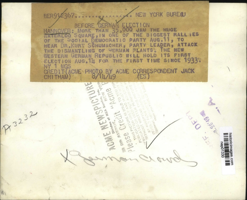 1949 Press Photo Hannover rally crowds for Dr Kurt Schumacher in Germany