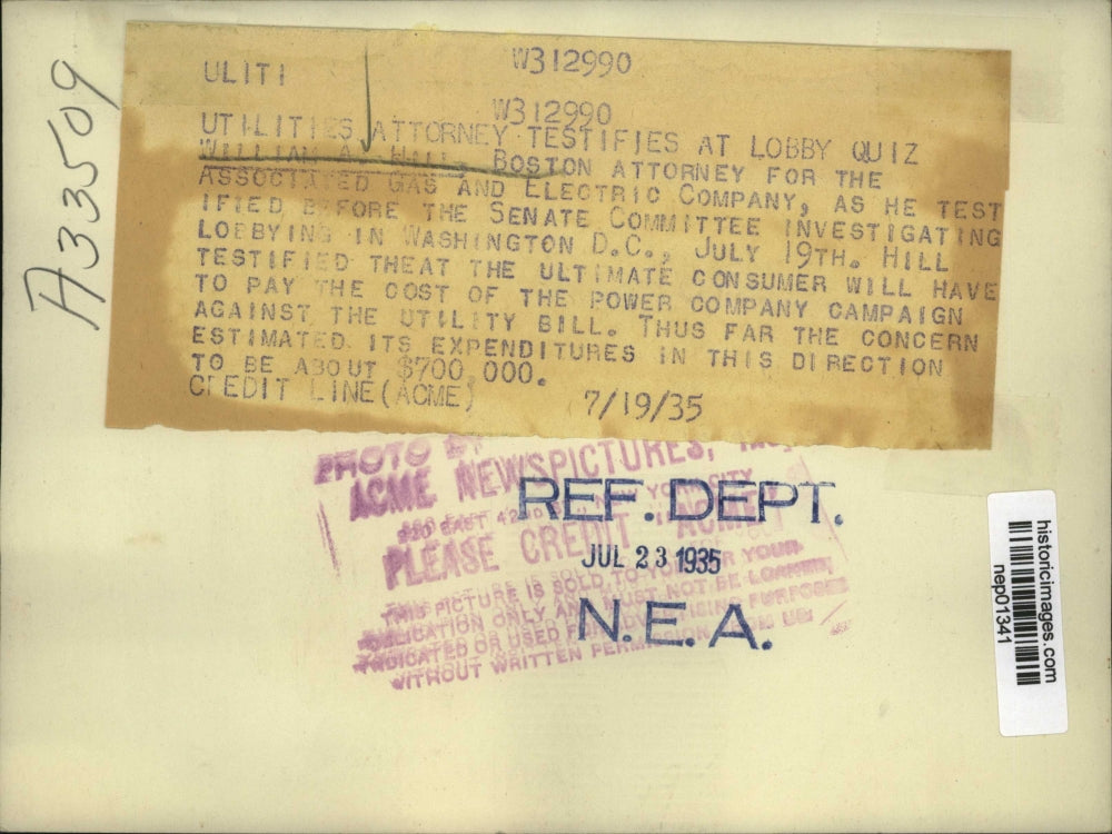 1935 Press Photo William Hill Boston atty for Associated Gas Electric at Senate