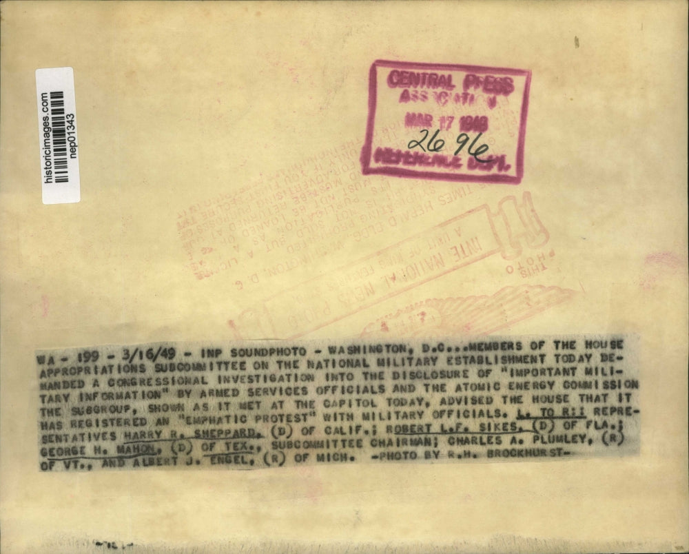 1949 Press Photo House Appropriations committee Harry Sheppard, R Sikes