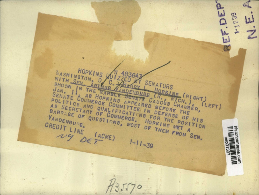 1939 Press Photo Harry L Hipkins, Senator Arthur Vandenburg of Michigan