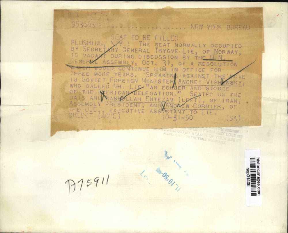 1950 Press Photo UN General Assembly Andrei Vishinsky, Nasrollah Entezam
