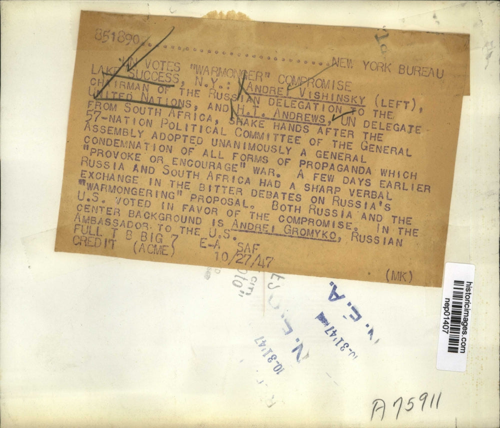 1947 Press Photo UN Andrei Vishinsky of USSR, HT Andrews of South Africa