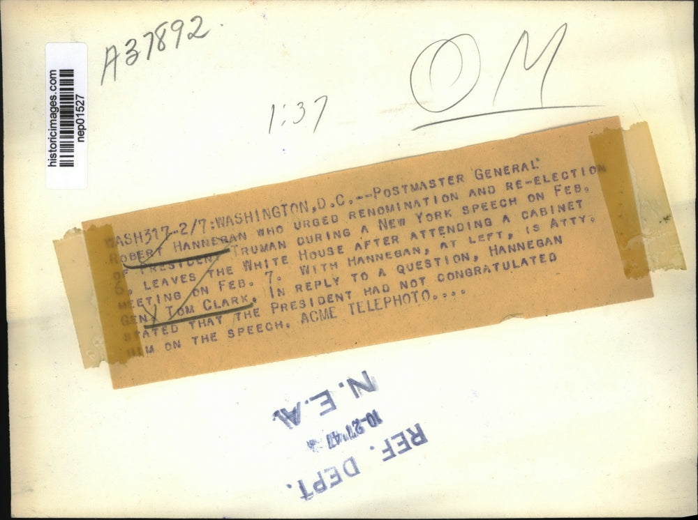 1947 Press Photo Robert Hanneran, Attorney General Tom Clark at White House