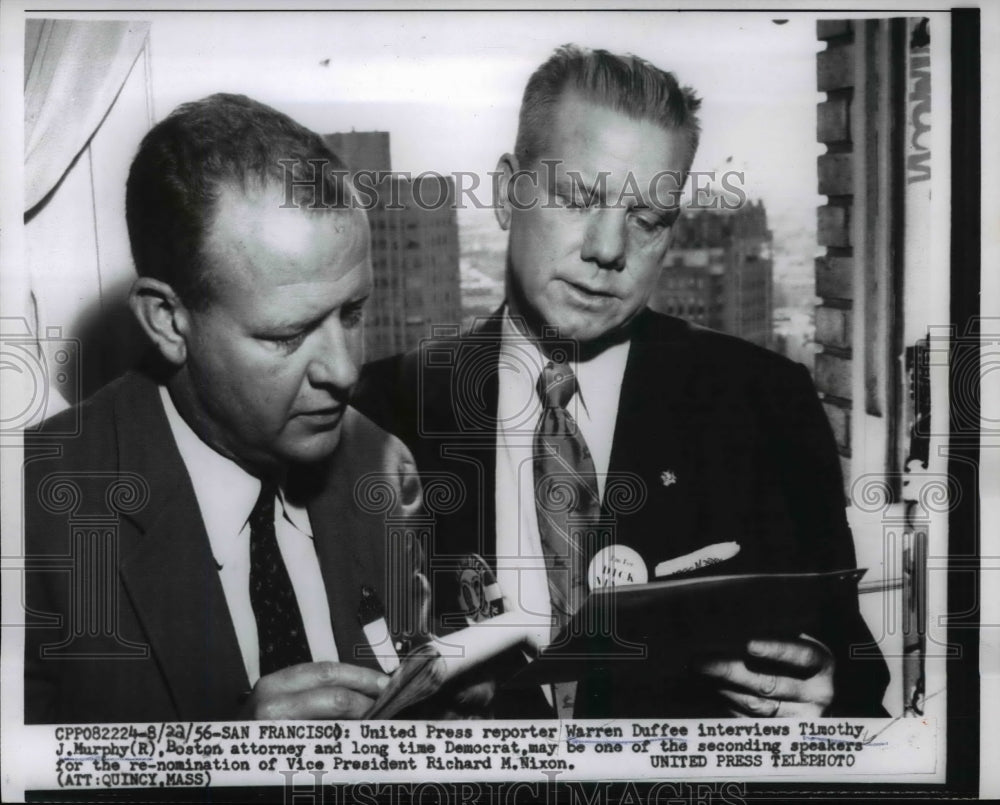 1956 Press Photo UP reporter Warren Duffee & Timothy J Murphy Boston atty