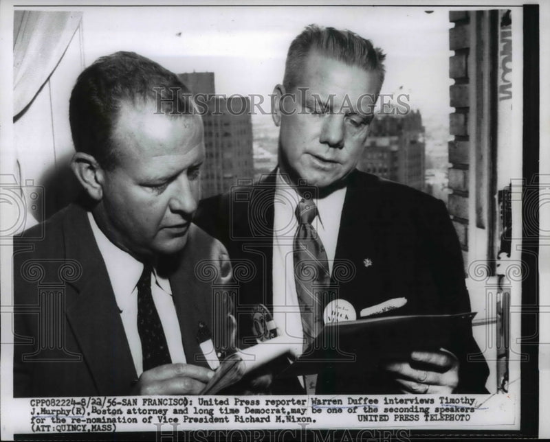 Load image into Gallery viewer, 1956 Press Photo UP reporter Warren Duffee &amp; Timothy J Murphy Boston atty
