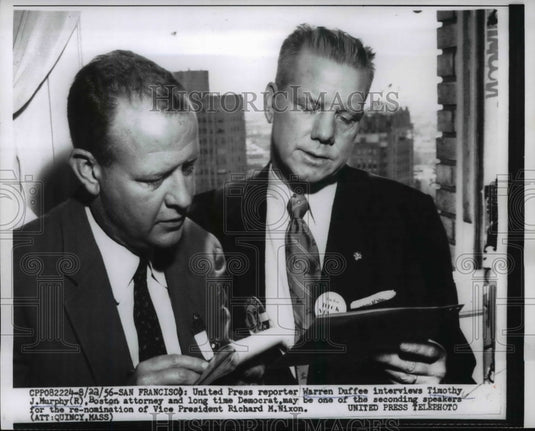 1956 Press Photo UP reporter Warren Duffee & Timothy J Murphy Boston atty