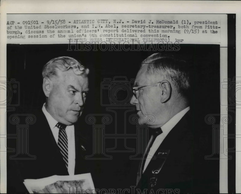 Load image into Gallery viewer, 1958 Press Photo David McDonald United steelworkers prexy &amp; IW Abel in NJ
