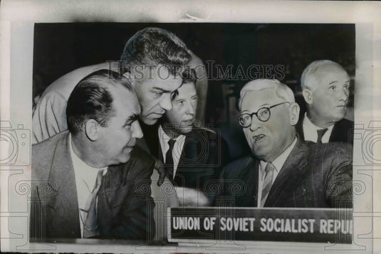 1953 Press Photo Russians Georgi Zarubin, Semyon Tsarapkin, Andrei Vyshinsky UN