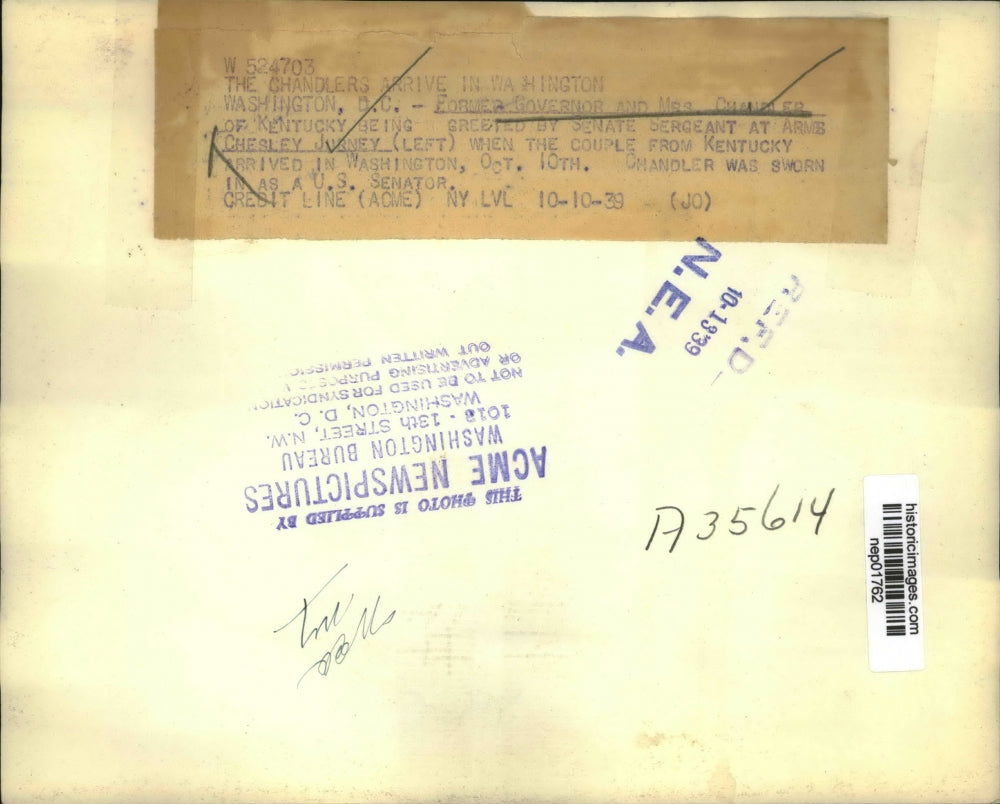 1939 Press Photo Former KY Governor & Mrs Chandler & Senate Sgt at Arms C Jurney