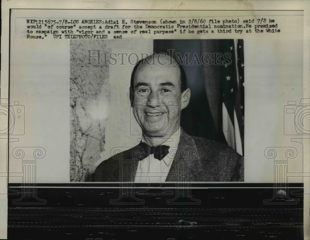 1960 Press Photo Adlai E Stevenson campaigns for US Presidential bid - nep01765