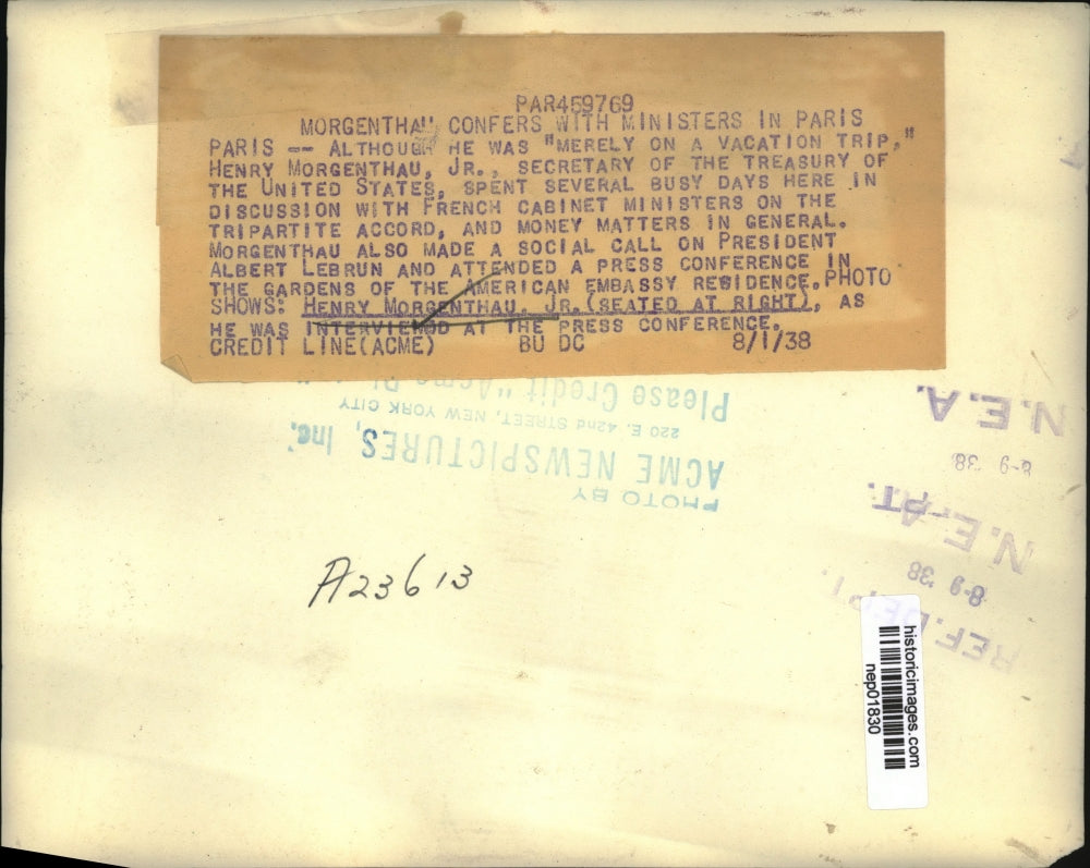 1938 Press Photo Treasury Secretary Henry Morgenthau Jr in Paris - nep01830