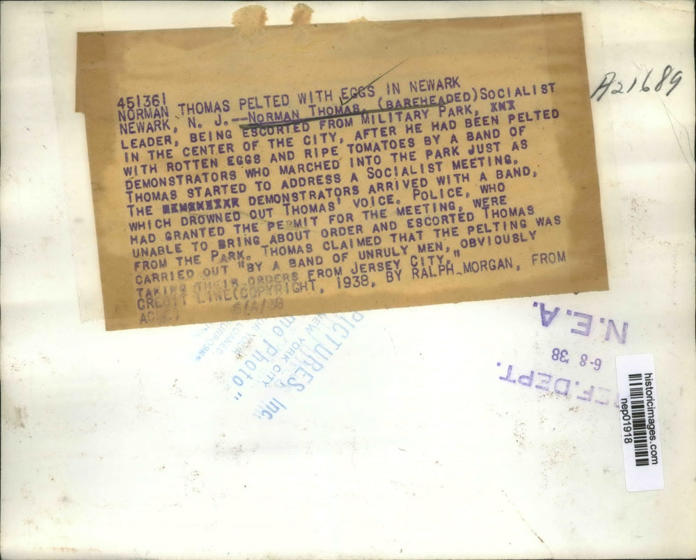 1938 Press Photo Norman Thomas Socialist leader at Newark NJ demonstration