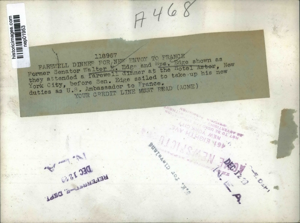 1929 Press Photo Ex Senator Walter Edge & Mrs Edge sail to France as Ambassador