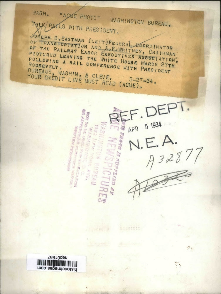 1934 Press Photo Joseph Eastman & AF Whitney at meeting at White House