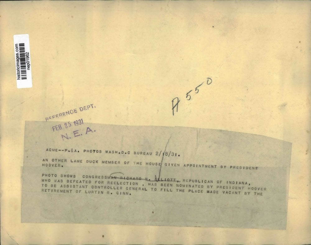 1931 Press Photo Congressman Richard N Elliott of Indiana - nep01962