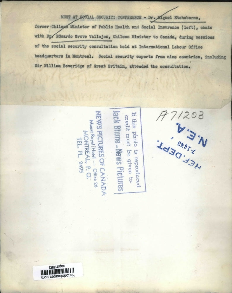 Load image into Gallery viewer, 1943 Press Photo Chileans Dr Miguel Etchebarne &amp; Dr Eduardo G Vallejos
