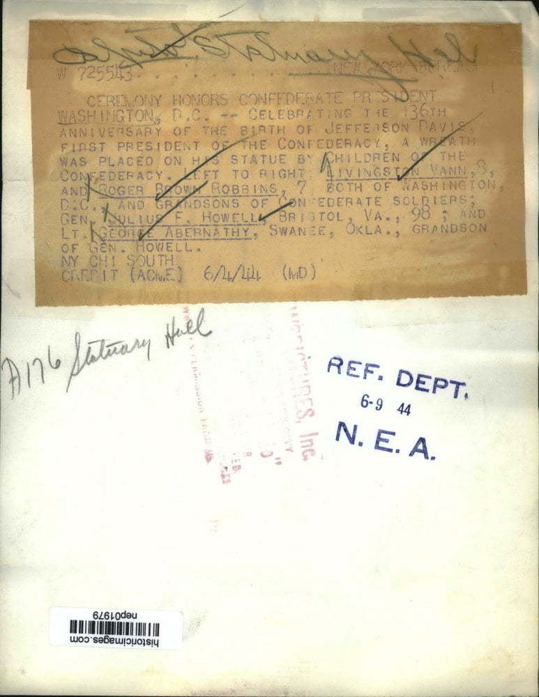 1944 Press Photo 136th B-day of Jefferson Davis honored in DC Gen JF Howell