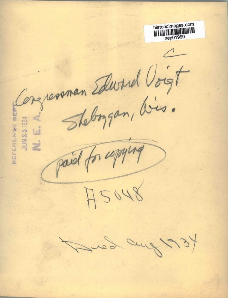 1924 Press Photo Congressman Edward Voight of Sheybogan Wisconsin - nep01990