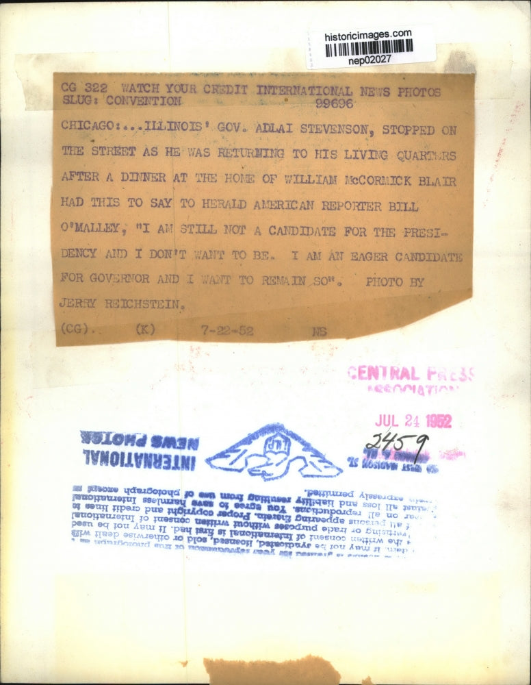 1952 Press Photo Illinois Governor Adlai Stevenson in Chicago - nep02027