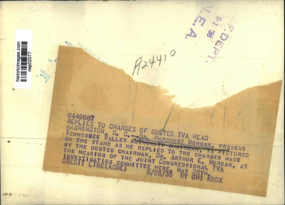 1938 Press Photo Dr Harcourt Morgan TVA head at Congressional hearing