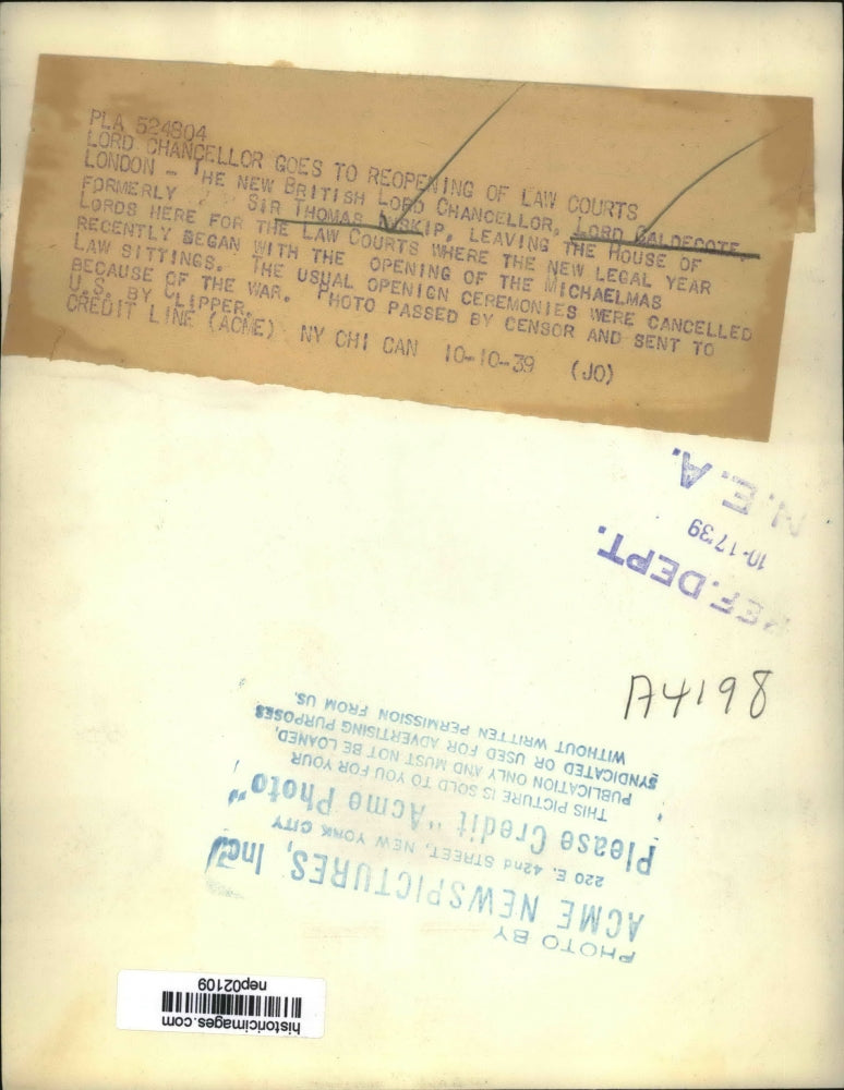 1939 Press Photo British Lord Chancellor Lord Galdecote, Sir Thomas Inskip