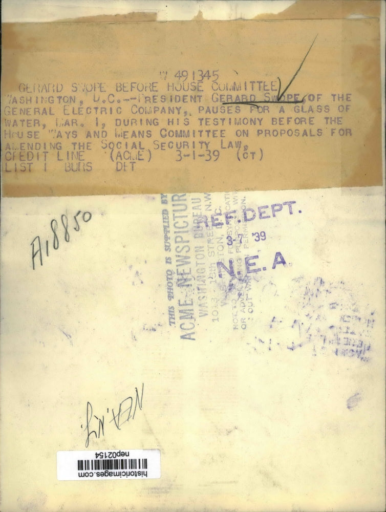 1939 Press Photo President Gerard Swope of GE Company at House Ways & Means