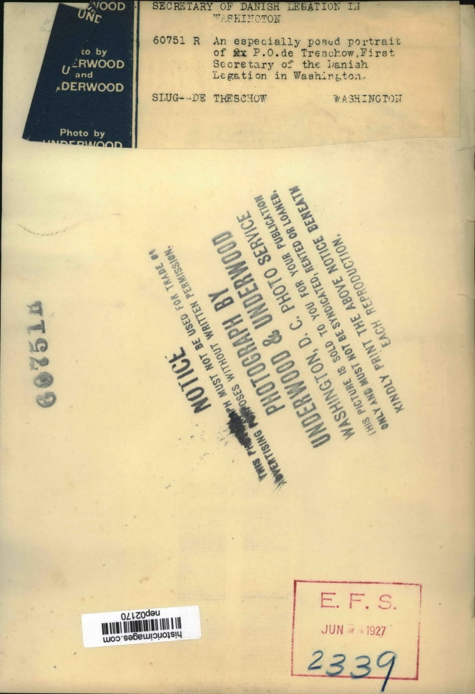 1927 Press Photo PO de Treschow 1st Secretary of Danish Legation in DC