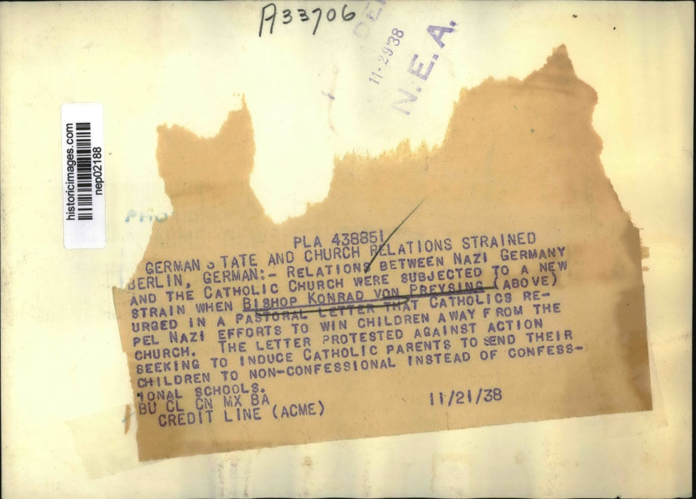 1938 Press Photo Bishop Konrad von Oreysing at Berlin Germany church - nep02188