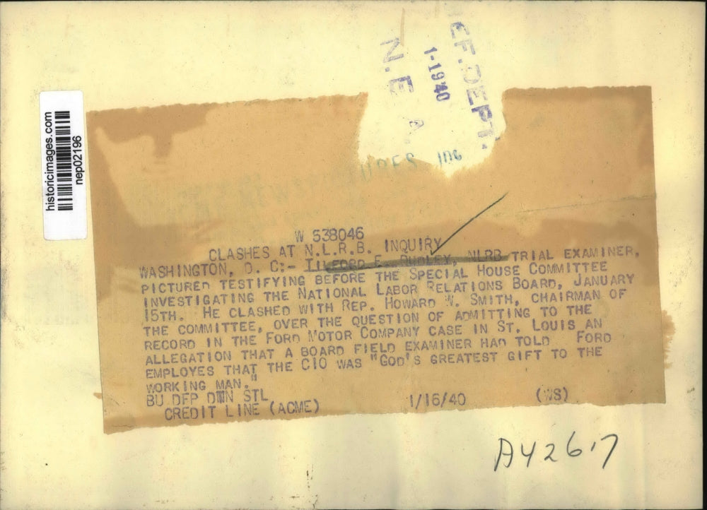 1940 Press Photo Tilford Dudley NLRB trail examiner at Special House Committee