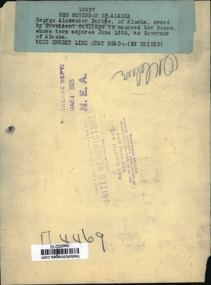 1925 Press Photo George Alexander Parkes of Alaska to be new Governor