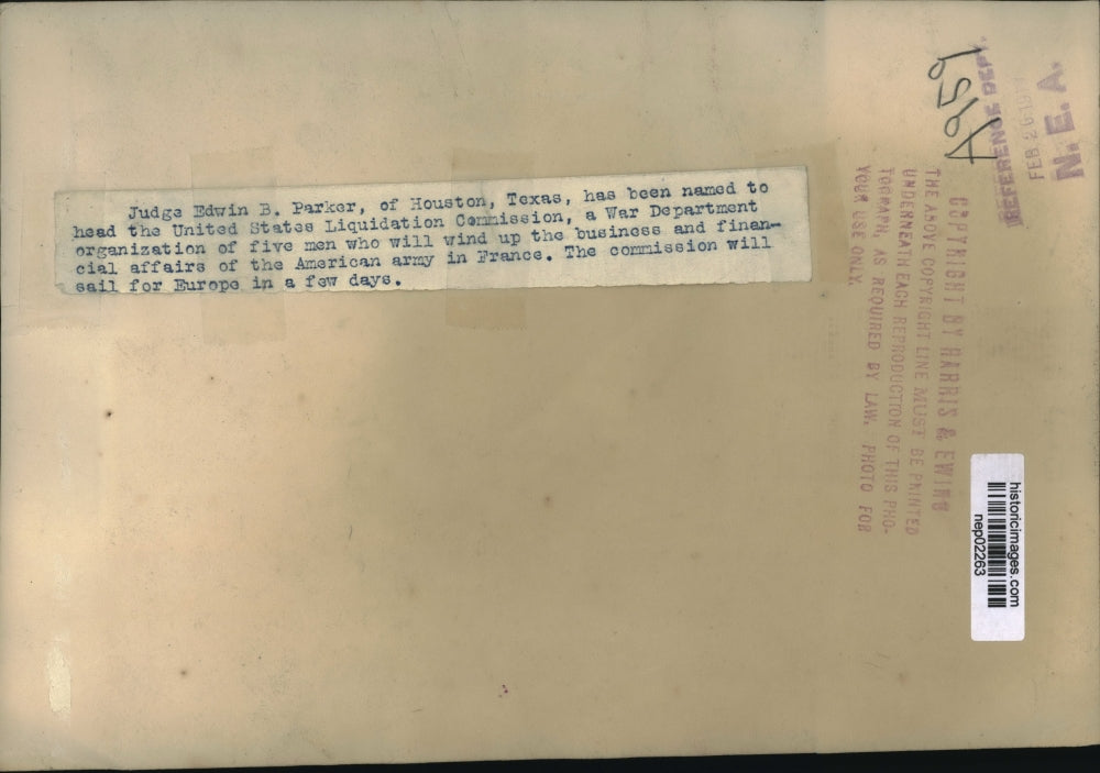 1926 Press Photo Edwin B Parker US Liquidation Commission - nep02263