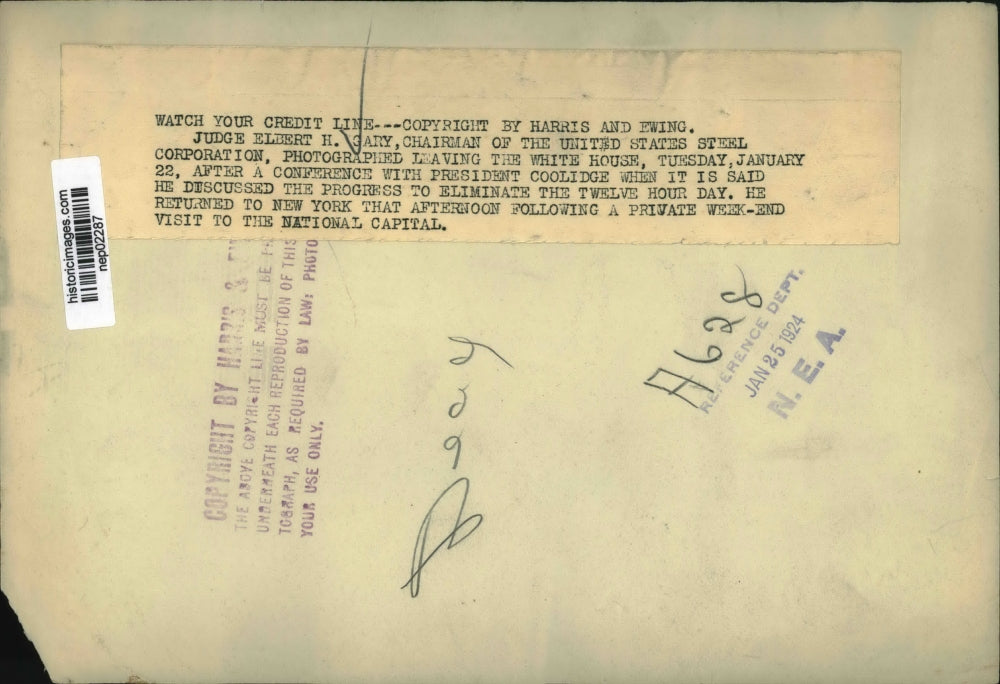 1924 Press Photo Judge Elbert H Gary chairman of US Steel Corporation