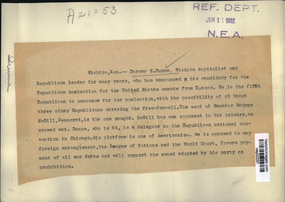 1932 Press Photo Darcey E Dunne Wichita Republican leader runs for Senate