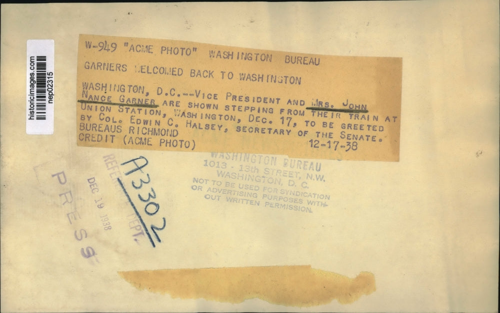 1938 Press Photo Vice President & Mrs John Nance Garner arrive in Washington DC