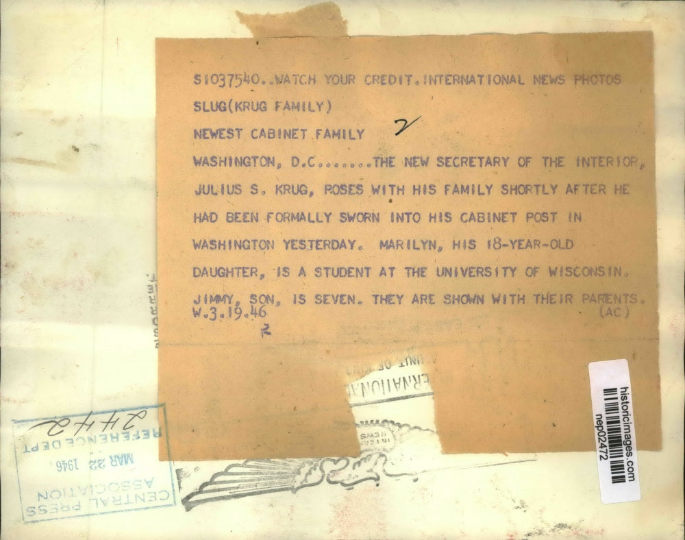 1946 Press Photo Secretary of Interior & Mrs Julius S Kru & family in DC