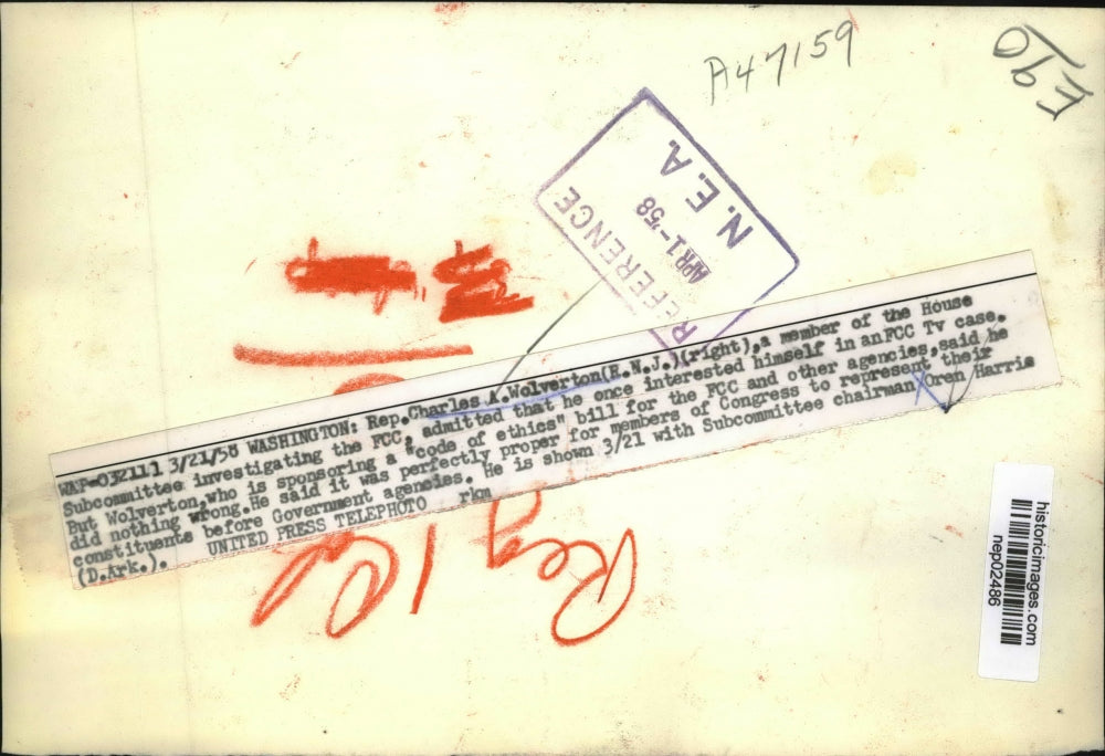 1958 Press Photo Rep Charles Wolverton of NJ & Oren Harris at FCC investigation