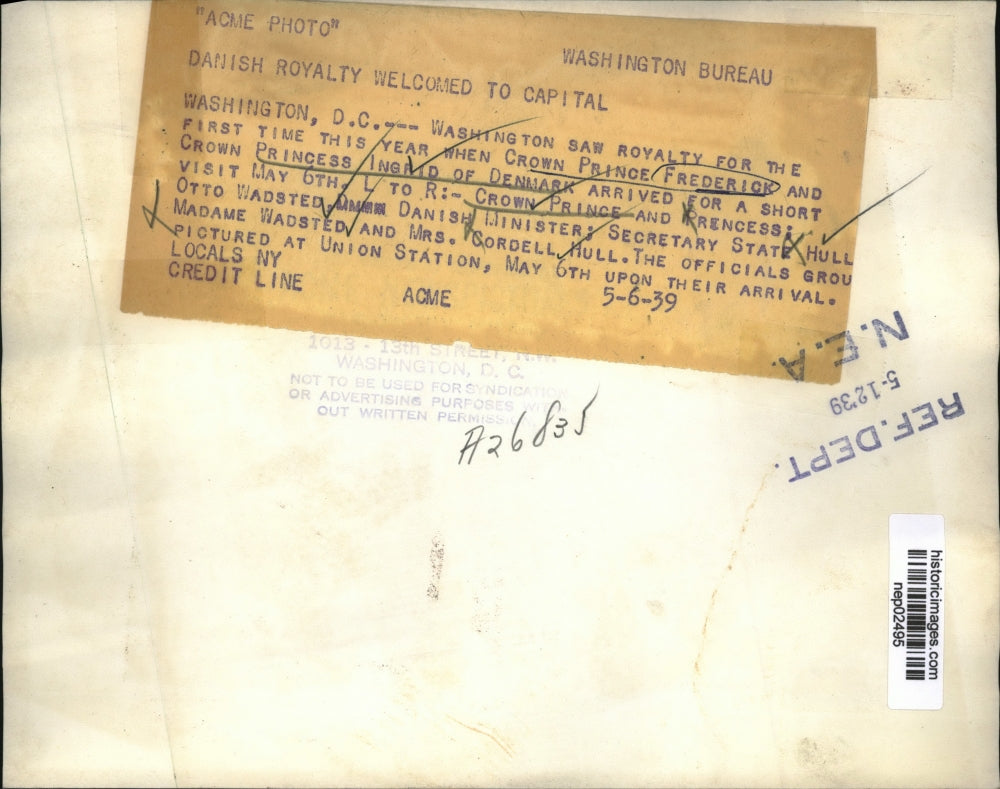 1939 Press Photo Denmark Crown Prince Frederick, Princess Ingrid in DC