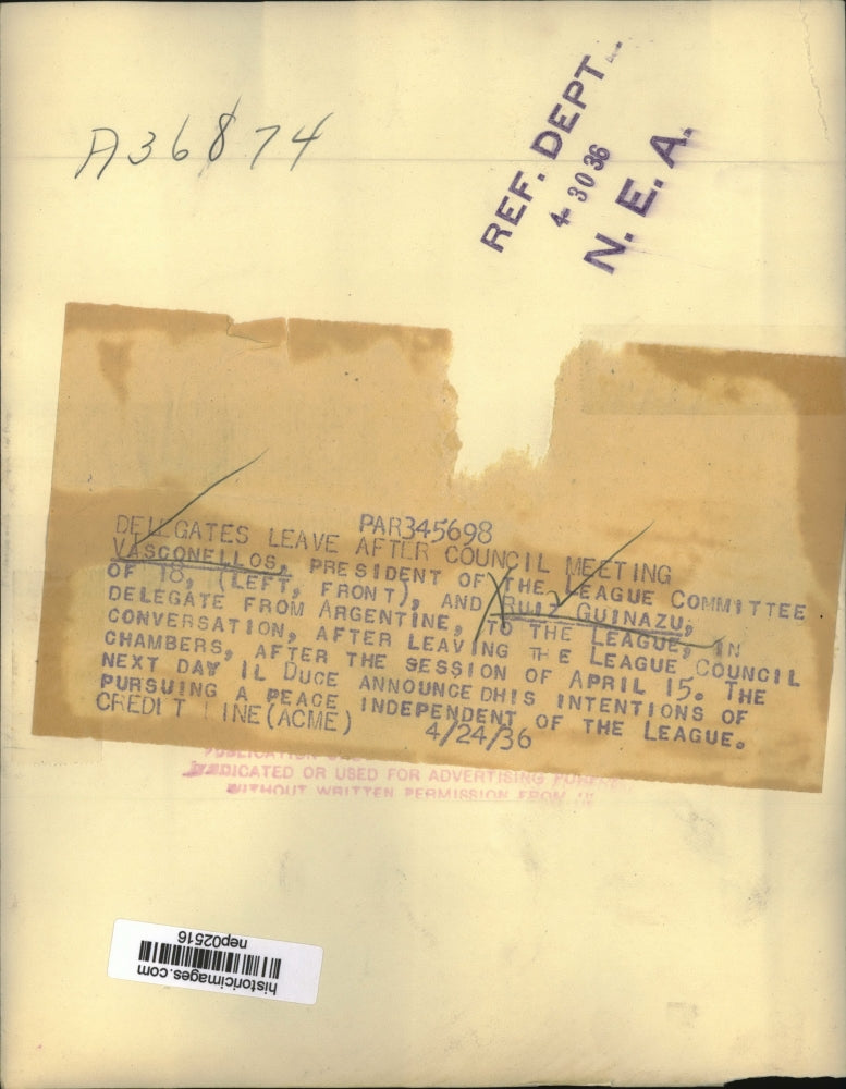 1936 Press Photo League of Nations president Vasconellos, Ruiz Guinazu