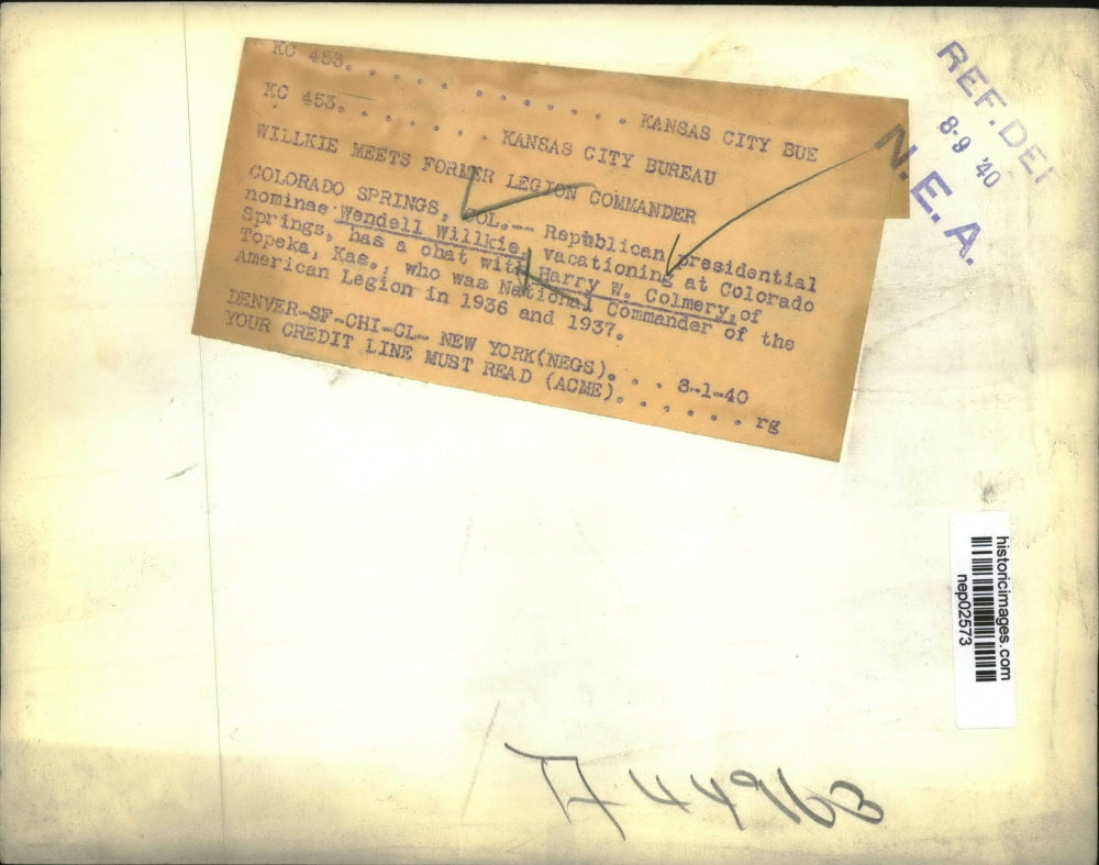 1940 Press Photo Presidentiial candidate Wendell Willkie & Harry Colmery in CO