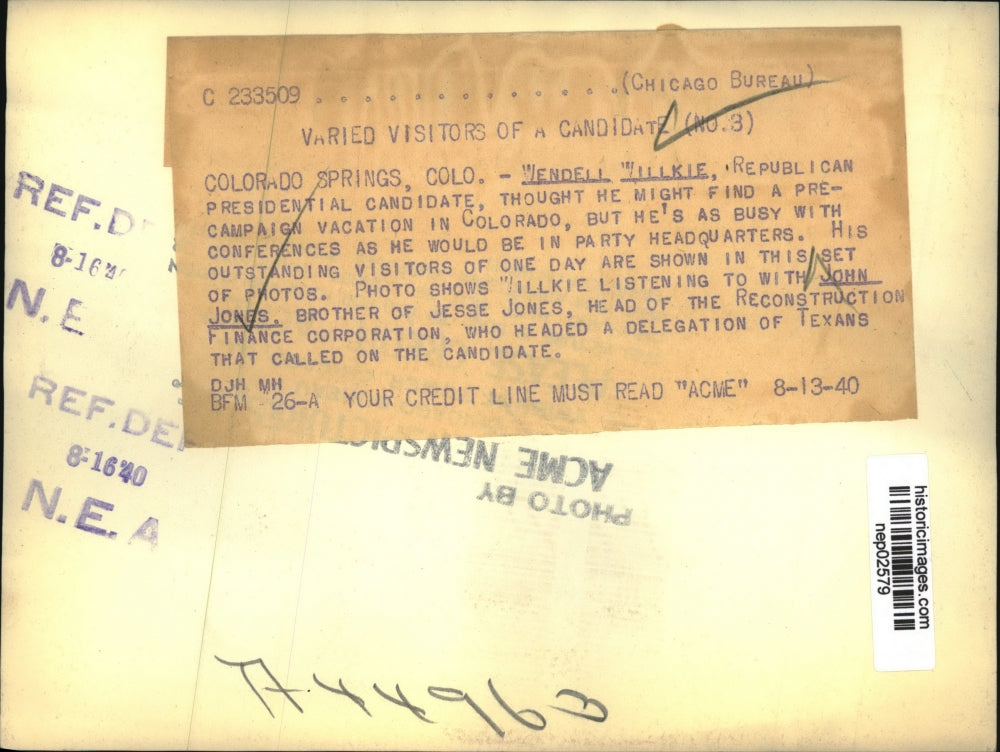 1940 Press Photo Presidentiial candidate Wendell Willkie, John Jones in CO