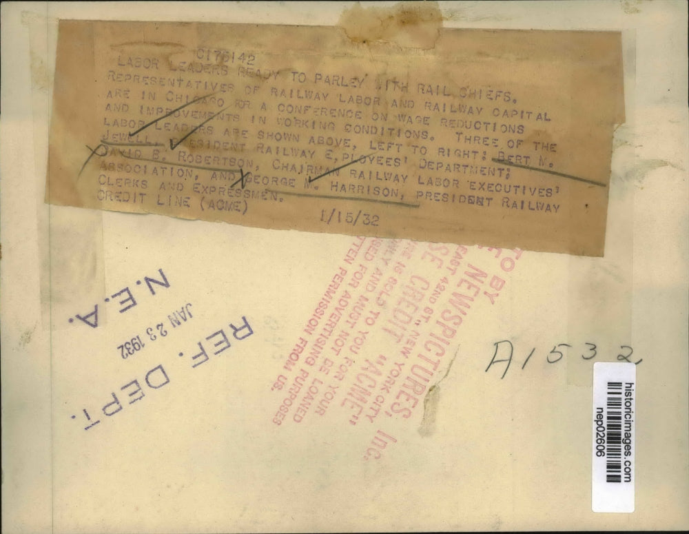 1932 Press Photo Bert Jewell, David Robertson, George Harrison Railway reps