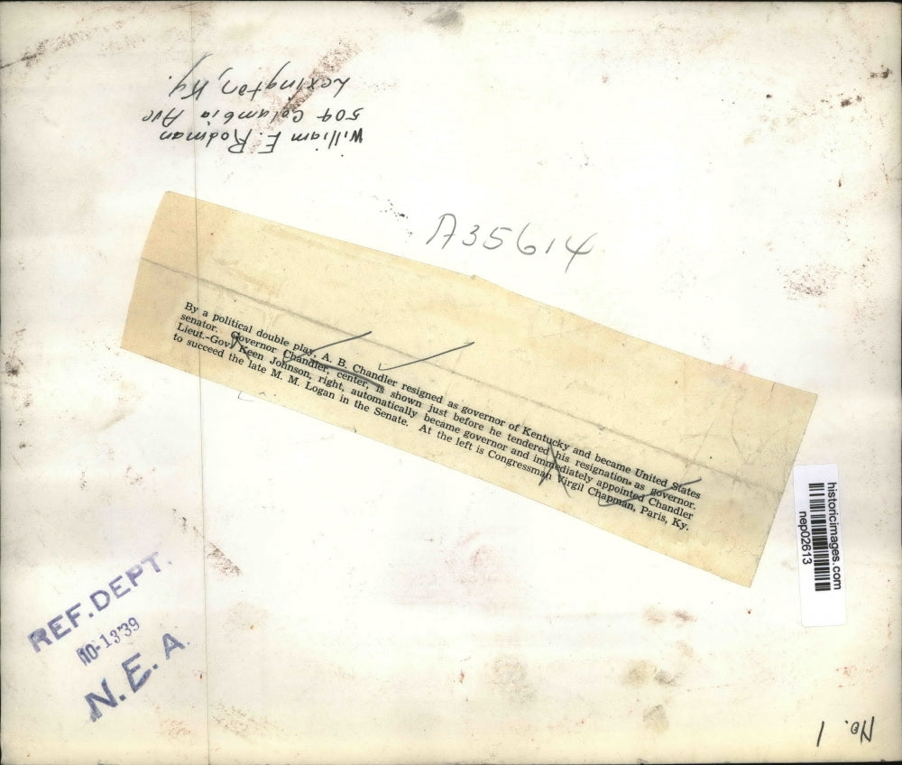 1939 Press Photo KY Governor AB Chandler resigns, Lt Gov Keen Johnson