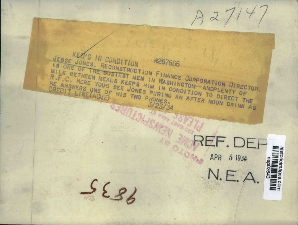 1934 Press Photo Reconstruction Finance Corp chairman Jesse Jones in DC