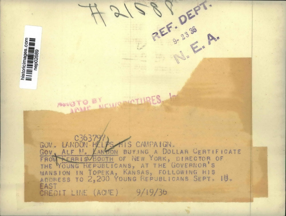 1936 Press Photo Kansas Governor Alf Landon, Ferris Booth of NY at campaign