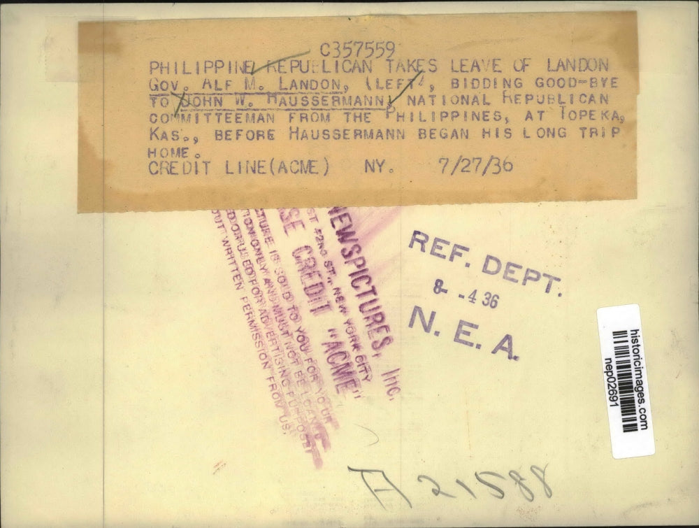 1936 Press Photo Kansas Governor Alf Landon GOP chair John Raussermann