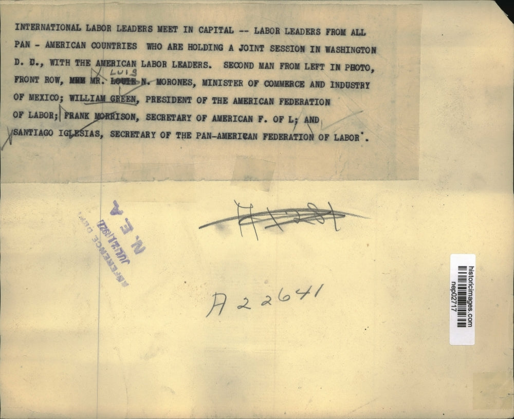 1927 Press Photo Labor leaders Luis Morones, William Green, AFL Secy F Morrison